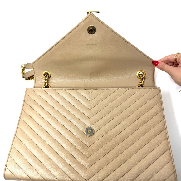 Saint Laurent Beige Large Grain de Poudre Chevron - Envelope Satchel YSL Bag - Picture 5 of 11